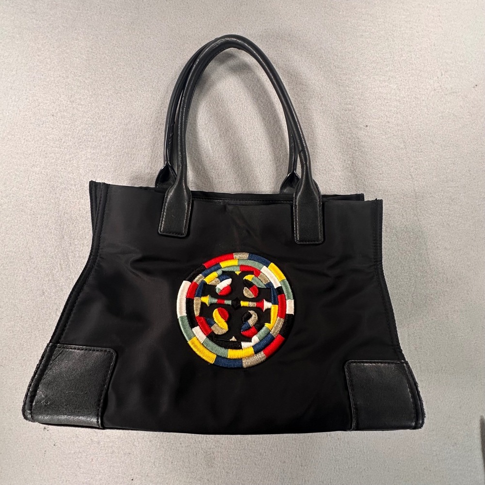 Tory Burch Ella Tote Black Nylon Multi Color Embroidered Logo Handbag